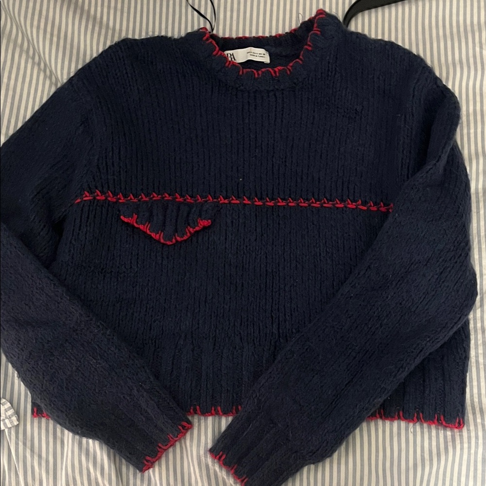 Zara Navy Blue Sweater with Red Accents
